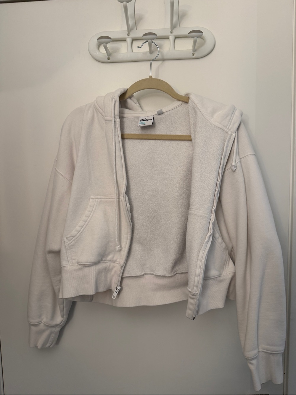 TNA Cozy Fleece Boyfriend White Cropped Zip Hoodie